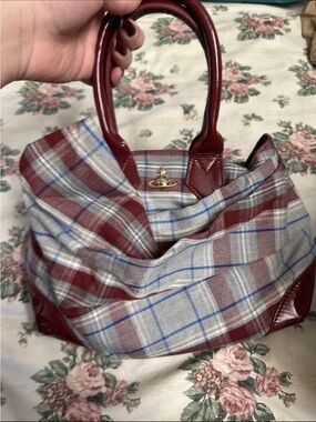 Vintage Vivienne Westwood Red and Gray Tote Bag with Patent Red Handles